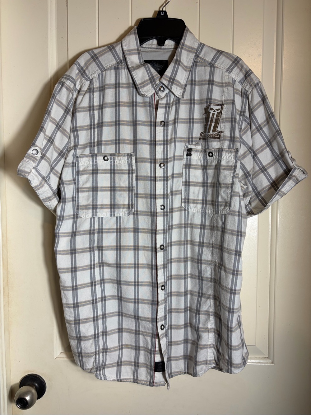 Harley-Davidson “One” Logo Cotton Men's Short-Sleeve Plaid Snap Button-Up Shirt
